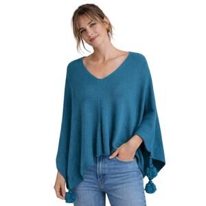 Ann Taylor Teal Knit Poncho Top Tassel Sleeves One Size
